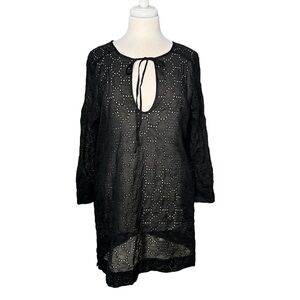 Echo Black Eyelet Long Sleeve Dress Beach Swim Summer Cover-Up Size L